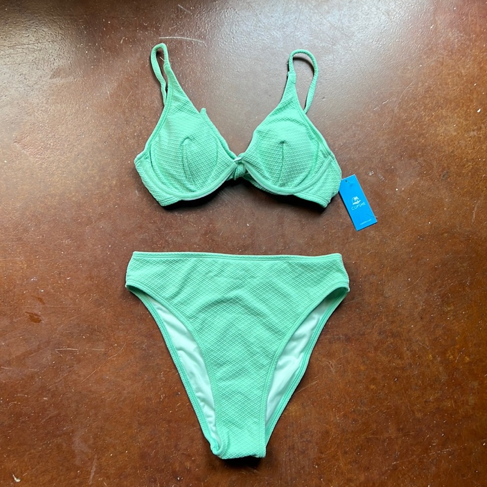 NWT CupShe Teal High Waist Jacquard Bikini
